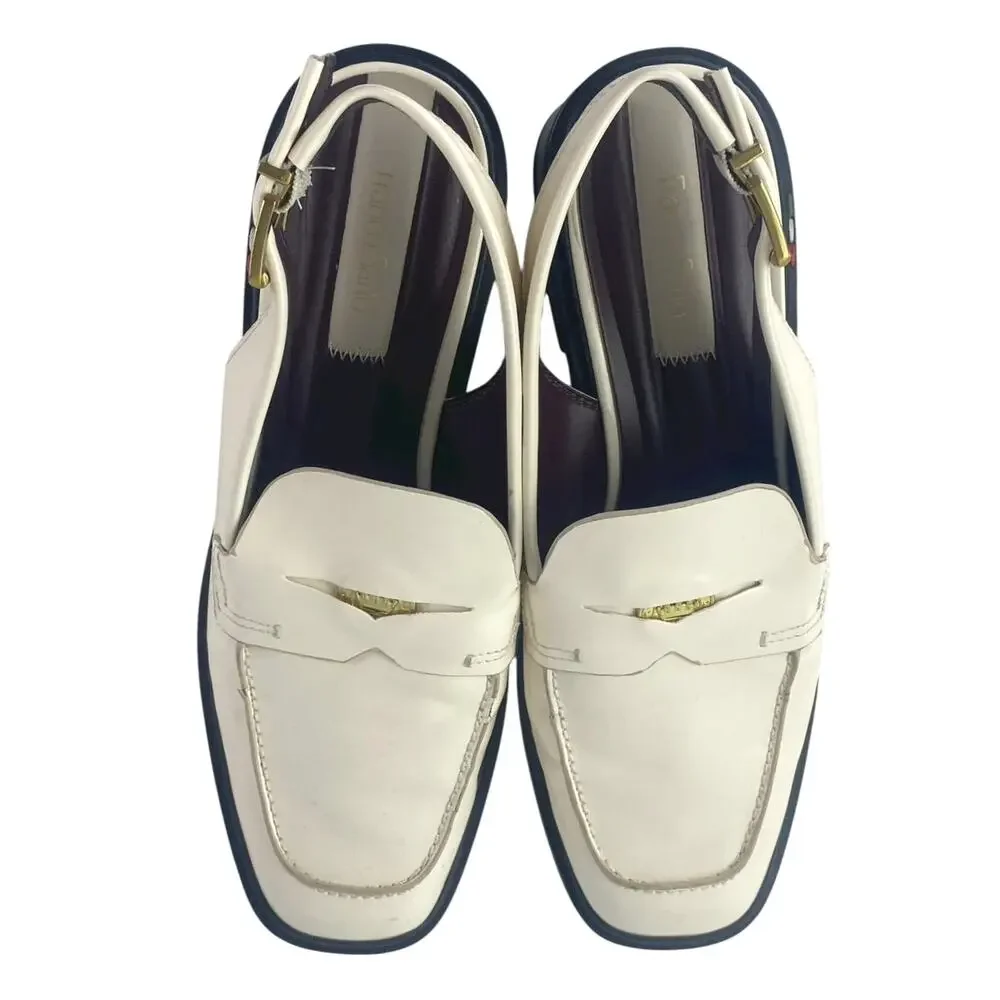 Franco Sarto Giada Cream White Leather Slingback Buckle Loafer Heels Shoes Sz 9M